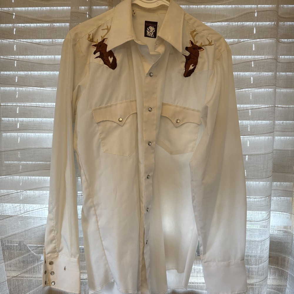 Karman Men's Shirt 16-35 Ivory Western Pearl Snap  Buttons Deer  Embroidered